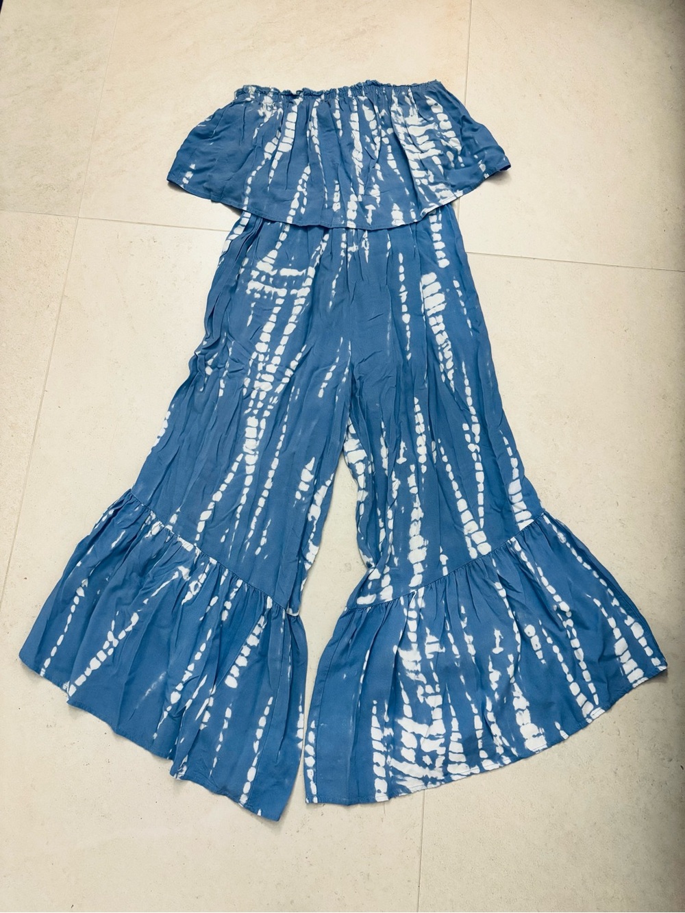 Japna Blue Tie-Dye Off-Shoulder Wide Leg Jumpsuit